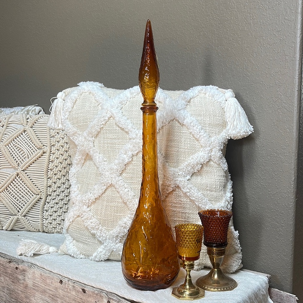 60’s & 70’s Amber Glass Genie Bottle With Stopper MCM
